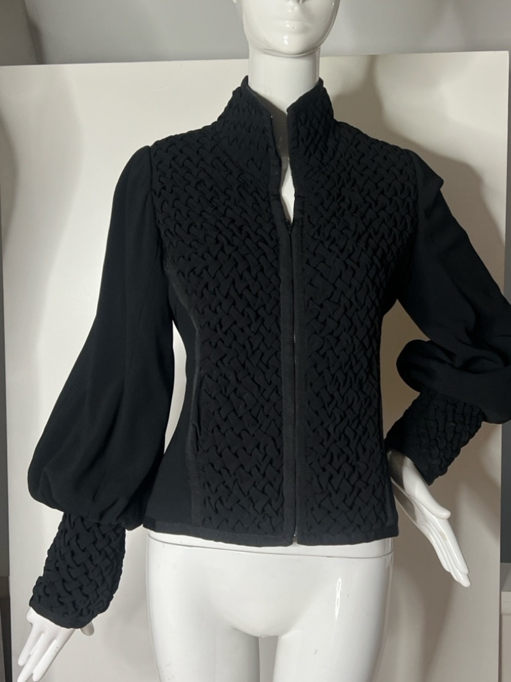 Jackie Rogers Sz 4 Black Wool Cashmere Woven Zip Front Puff Sleeves Jacket